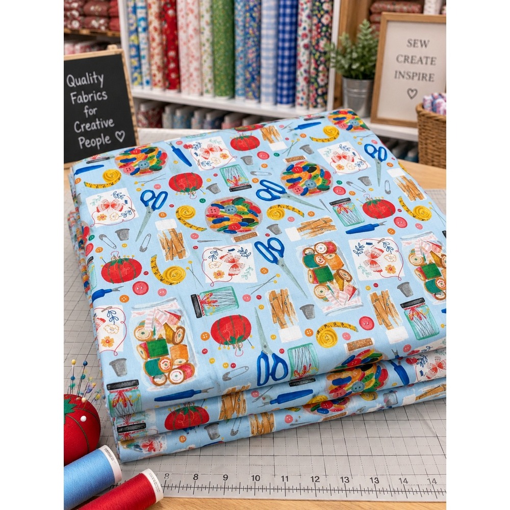 Sewing Notions Quilting Cotton Fabric 3 Yards 44" Wide Buttons Scissors Craft